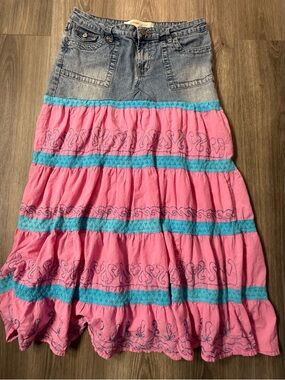Mossimo Denim Pink Tiered Mixed Denim Maxi Skirt w Turquoise Trim Embroidered